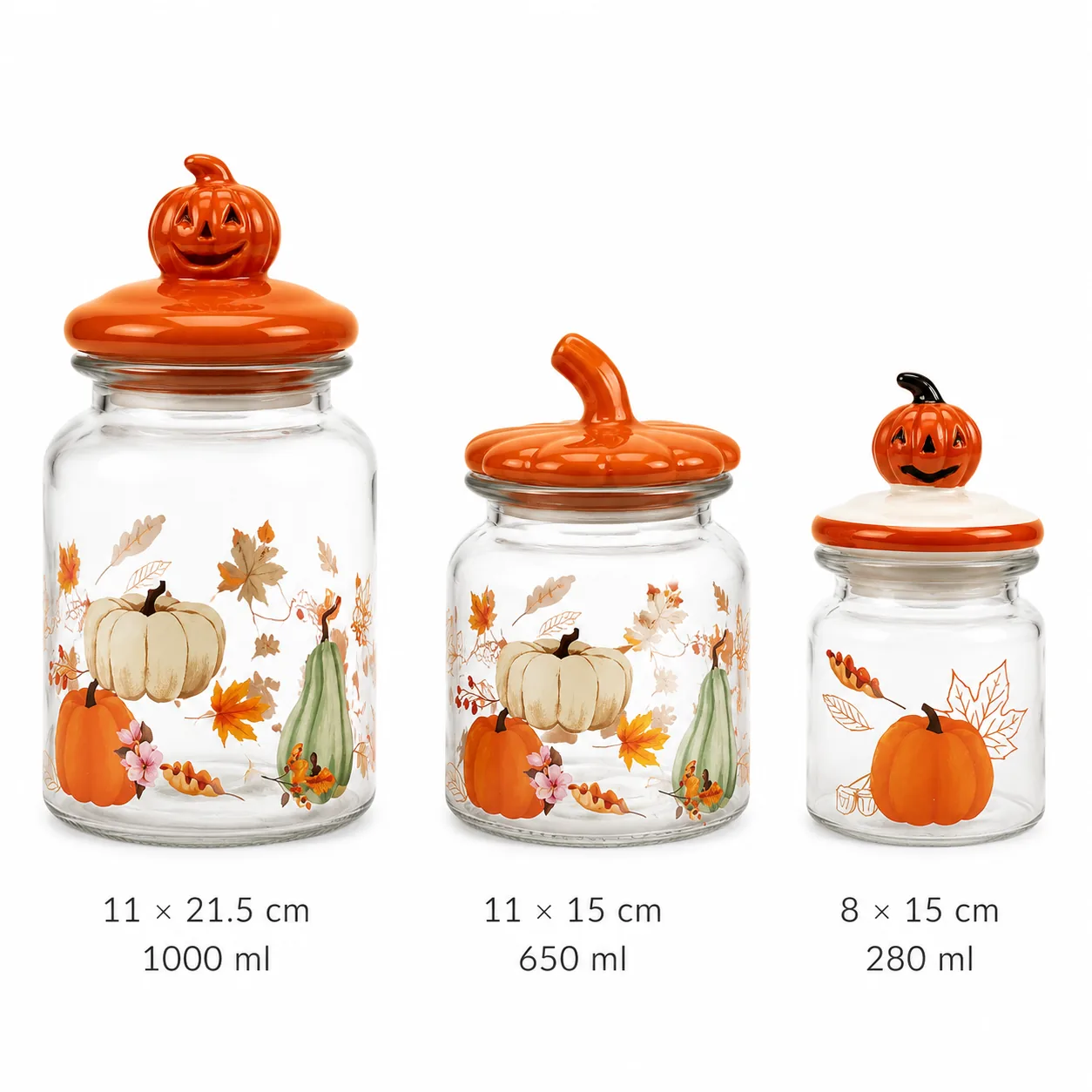 Pumpkin autumn Halloween glass jar set in 650 ml, 950 ml and 1200 ml sizes