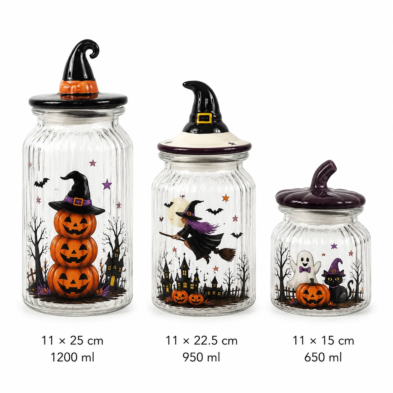 Witch pumpkin Halloween glass jar set in 650 ml, 950 ml and 1200 ml sizes
