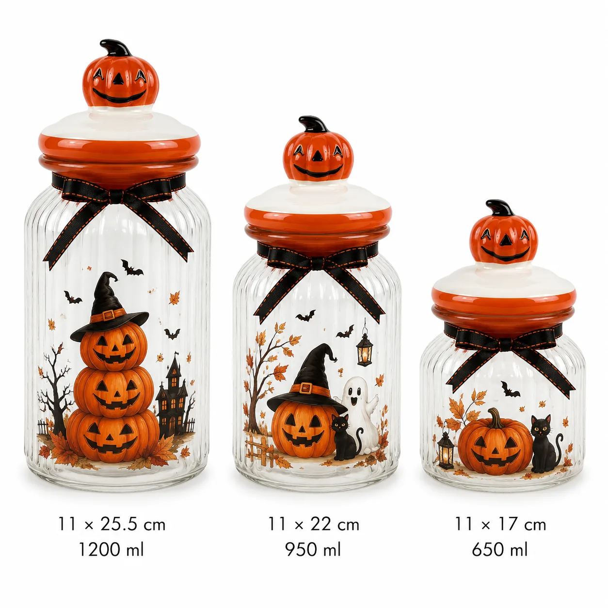 Pumpkin Halloween glass jar set in 650 ml, 950 ml and 1200 ml sizes