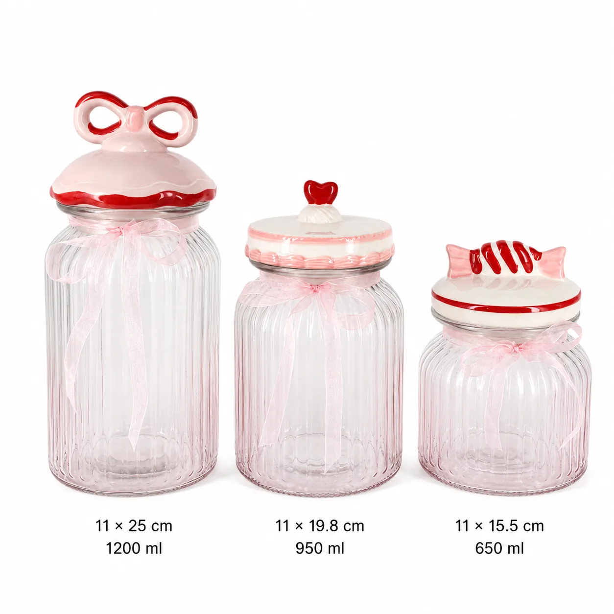 Pink bow Valentine glass jar set in 650 ml, 950 ml and 1200 ml sizes
