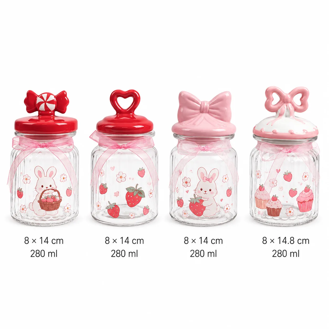 Bunny strawberry Valentine glass jar set in 650 ml, 950 ml and 1200 ml sizes
