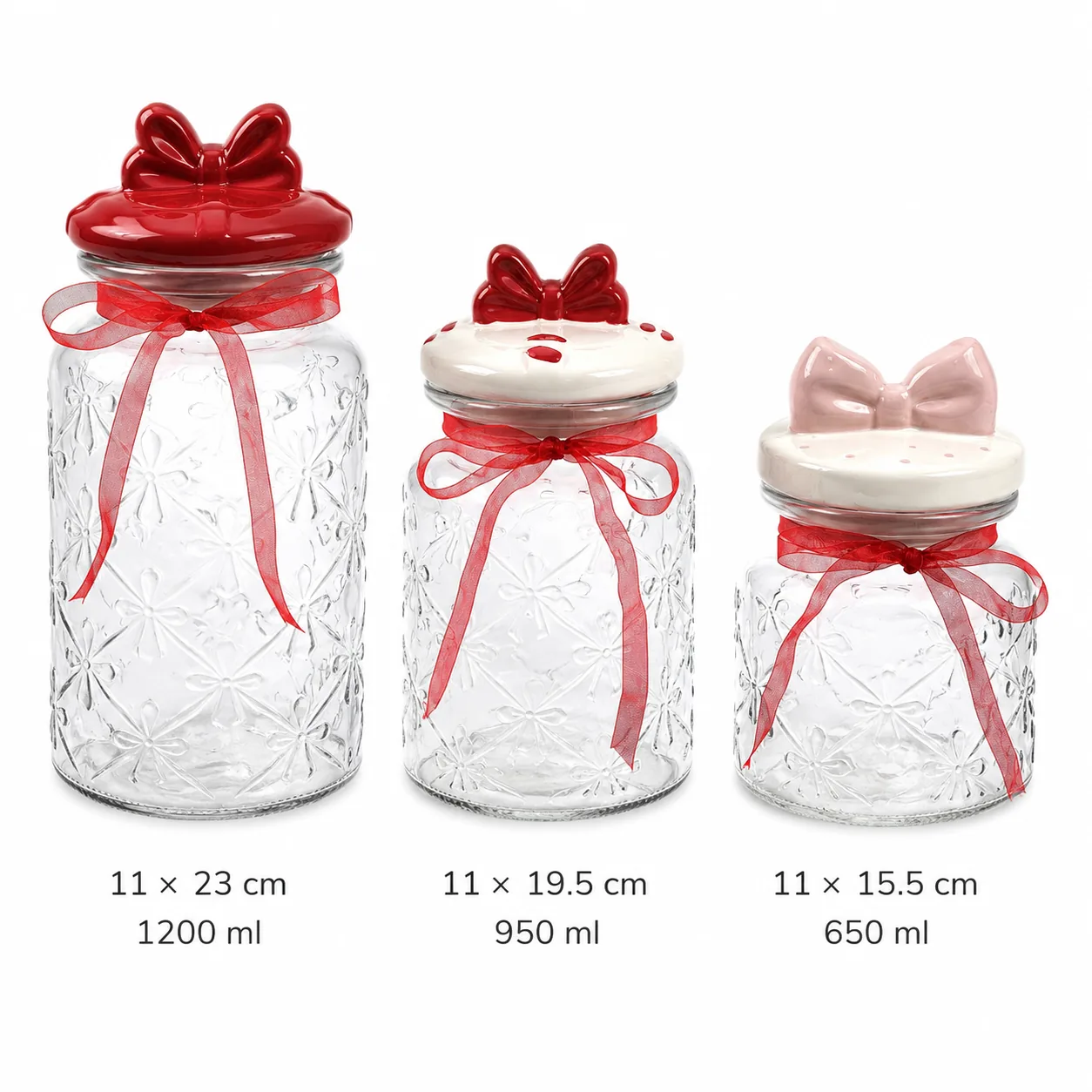 Red bow Valentine glass jar set in 650 ml, 950 ml and 1200 ml sizes
