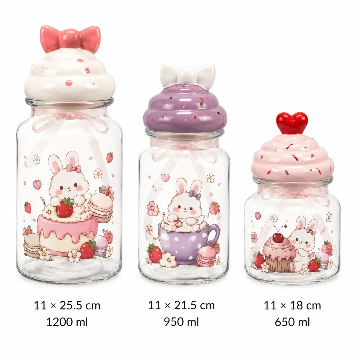 Bunny dessert Valentine glass jar set in 650 ml, 950 ml and 1200 ml sizes
